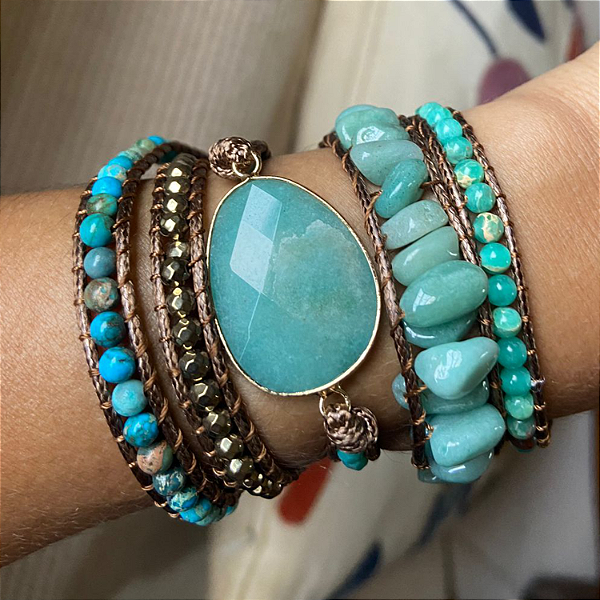 Pulseira 5 voltas de pedras naturais - Amazonita