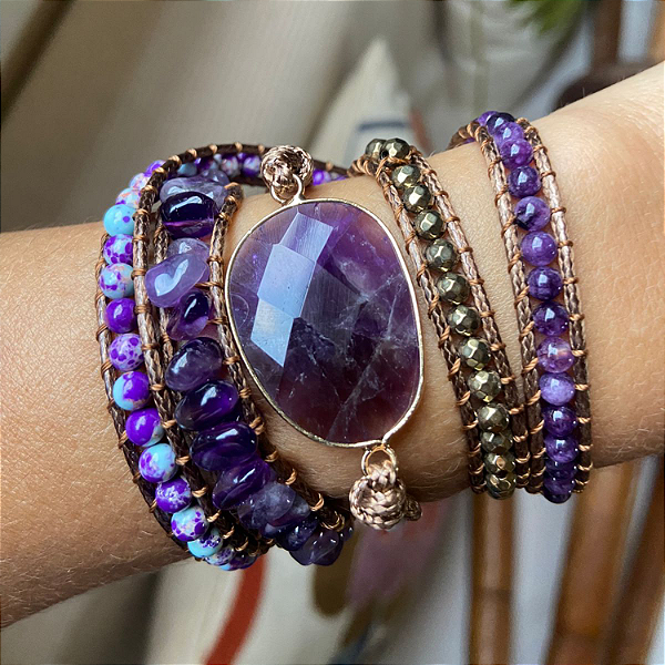 Pulseira 5 voltas de pedras naturais - Ametista