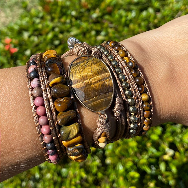 Pulseira 5 voltas de pedras naturais - Olho de Tigre