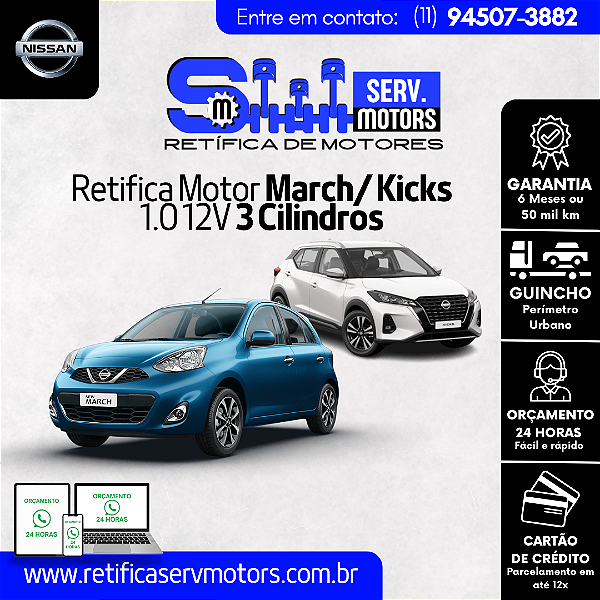 Retifica do Motor March Kicks 1.0 12V 3 Cilindros