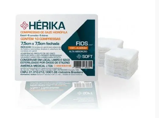 Compressa de Gaze Estéril 7,5cm x 7,5cm 11 Fios C/10 Un - Hérika