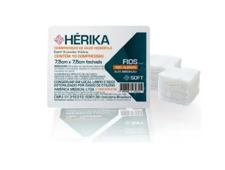 Compressa de Gaze Estéril 7,5cm x 7,5cm 09 Fios C/10 Un - Hérika