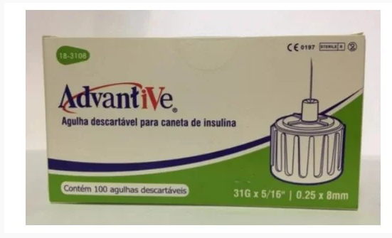 Agulha para Caneta de Insulina 31G ( 0,25mm x 8mm ) C/ 100 Uni - Advantive