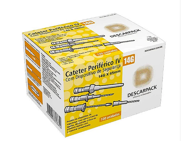Cateter Periférico Intravenoso com Dispositivo de Segurança 14G Laranja C/ 100 Unidades - Descarpack