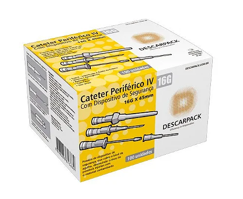 Cateter Periférico Intravenoso com Dispositivo de Segurança 16G Cinza C/ 100 Unidades - Descarpack