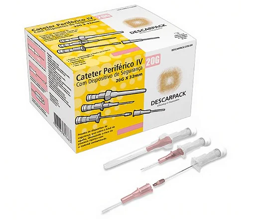 Cateter Periférico Intravenoso com Dispositivo de Segurança 20G Rosa C/ 100 Unidades - Descarpack