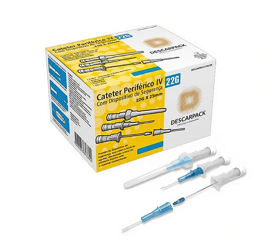 Cateter Periférico Intravenoso com Dispositivo de Segurança 22G Azul C/ 100 Unidades - Descarpack