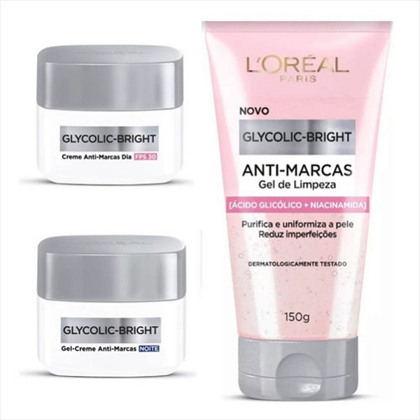 Kit Loreal Antimarcas Glycolic Bright Dia/noite/gel Novo