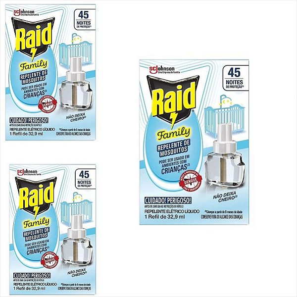 Repelente Raid Eletrico 45 noites Aparelho+ 01 Refil kit c/3