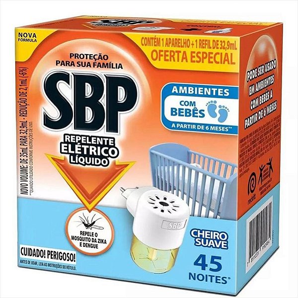 Repelente SBP Eletrico 45 noites Aparelho+ 01 Refil kit c/3