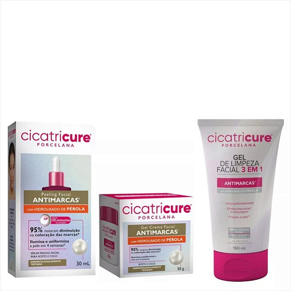 Cicatricure Porcelana Kit Completo Creme/Serum/Gel Antimarca