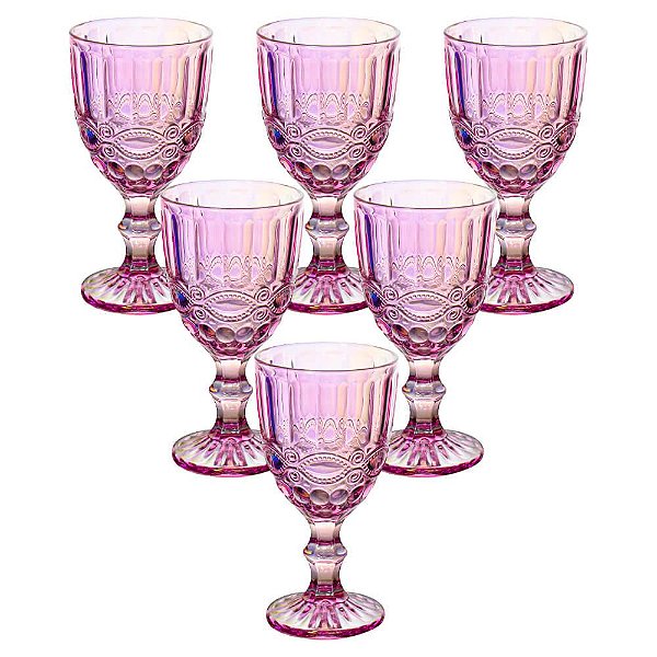6 Taças de Vidro Rosa Furta-cor Elegance