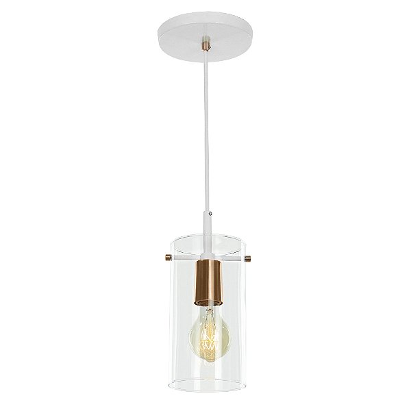 Lustre Pendente Cilíndrico Cubo de vidro Branco Com Cobre