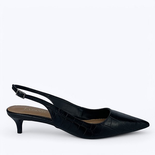 Scarpin Slingback Preto Couro Croco Salto Baixo