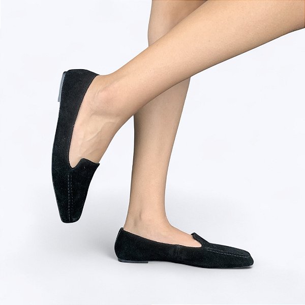 Mocassim Preto Camurça Bico Quadrado
