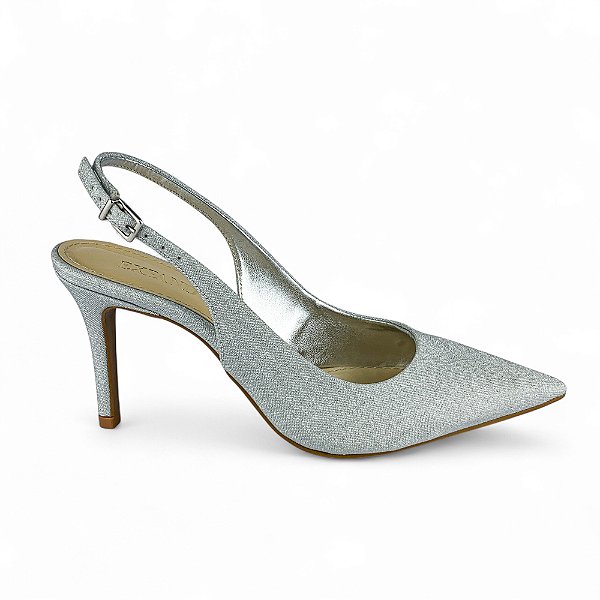 Scarpin Prata Brilho Salto Alto Slingback