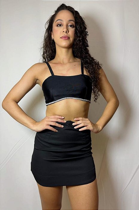 Top Strass Malha Prada Preto