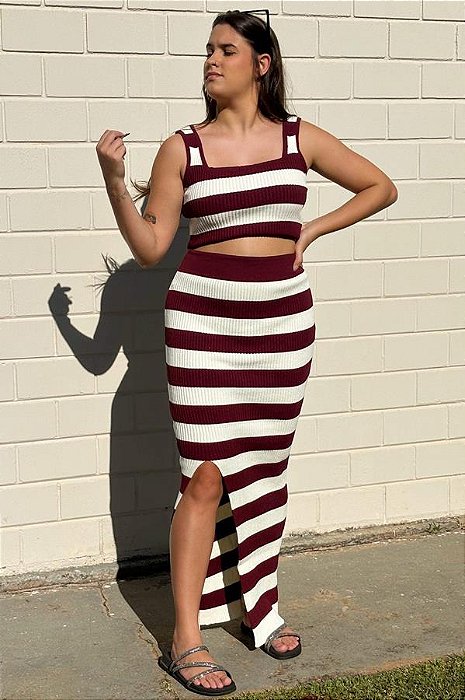 Conjunto Modal Listrado Vermelho Marsala