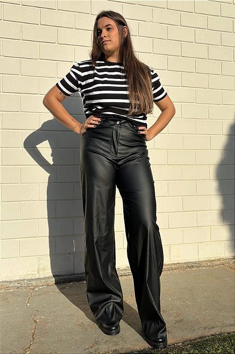 Calça Wide Couro Eco Preto