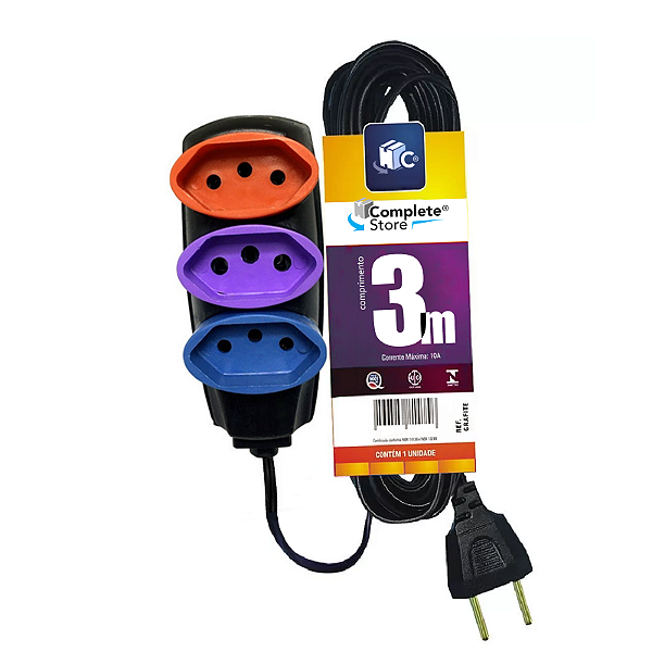 Extensão Slim 3 Tomadas Tripolar 10A Bivolt 3 Metros Colorida Plug Extensor