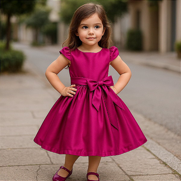 Vestido Infantil Liso  Rosa Fúcsia Festas e Formaturas e Batizados Crepe Acetinado