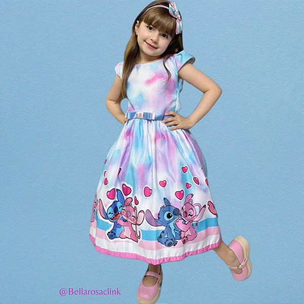Vestido Lilo Stitch Angel Rosa e azul Meninas