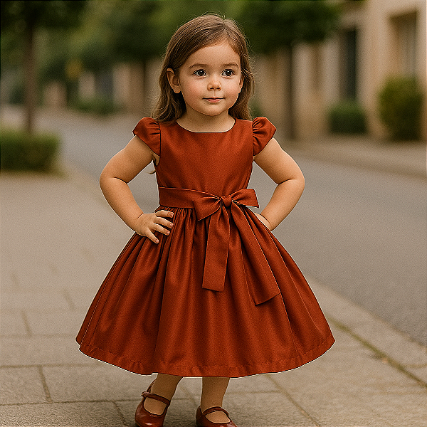 Vestido Infantil Crepe Liso Terra Cota Festas Girls