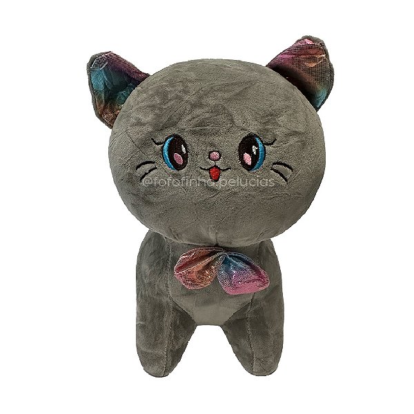 Gato de Pelúcia com Gravata, 25cm, Cinza, toque macio, presente, ursinho de pelúcia