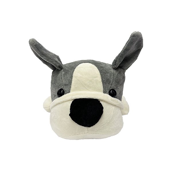 Cachorro de pelúcia deitado cinza com branco, toque macio, ursinho de pelúcia