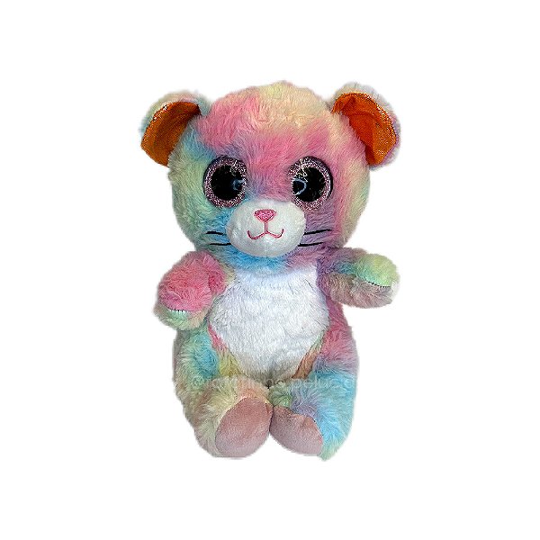 Gato Tie-Dye Colorido de Pelúcia com Olhos Grandes e Brilhantes 22cm, pelúcia fofa