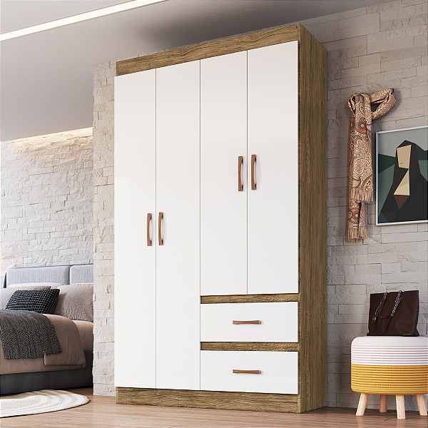 Guarda Roupa Dallas Nogueira/Off White 4 portas 2 gavetas