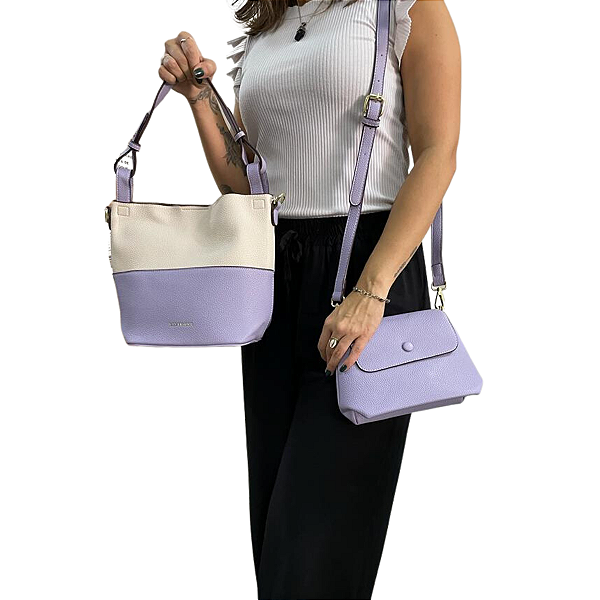 Kit Mãe & Filha 2 Peças Bolsa Feminina Média & Grande  - Roxo & Creme