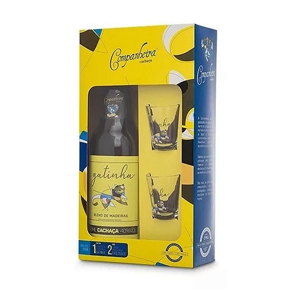 Kit Cachaça Companheira Gatinha 600ml + 2 Copos Para Dose