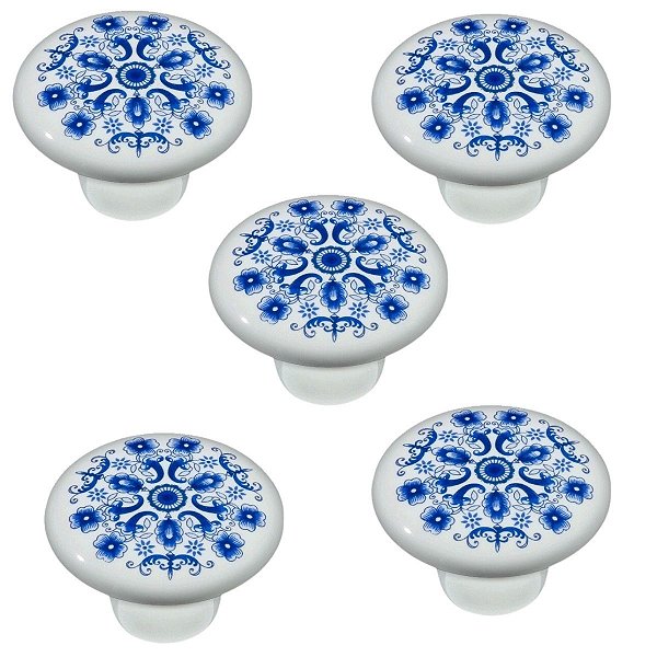 Kit 5 Puxador Italy Line Ceramica Il7067 Estampa Azul Louça