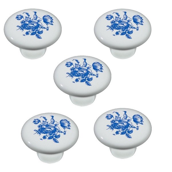 Kit 5 Puxador Italy Line Ceramica Il7068 Estampa Azul Louça