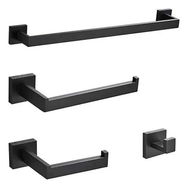 Kit Acessorios Banheiro 4 Peças Preto Fosco Inox 304 Quadrad