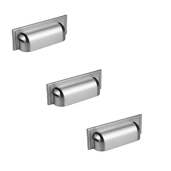 Kit 3 Puxador Plymouth Zen Niquel Escovado Concha 80mm