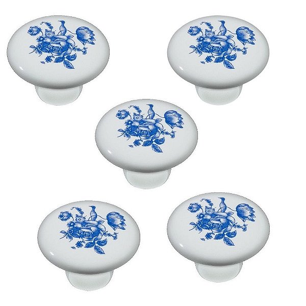 Kit 5 Puxador Italy Line Ceramica Il7068 Estampa Azul Louça