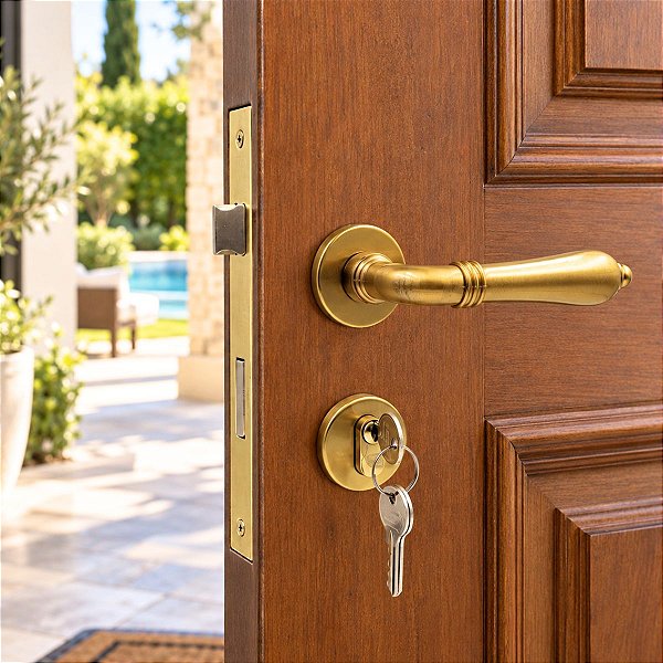 FECHADURA PORTA EXTERNA LILY IMAB DOURADO OURO ACETINADO COLONIAL CLASSICA MAQUINA 55 MM C/ CILINDRO