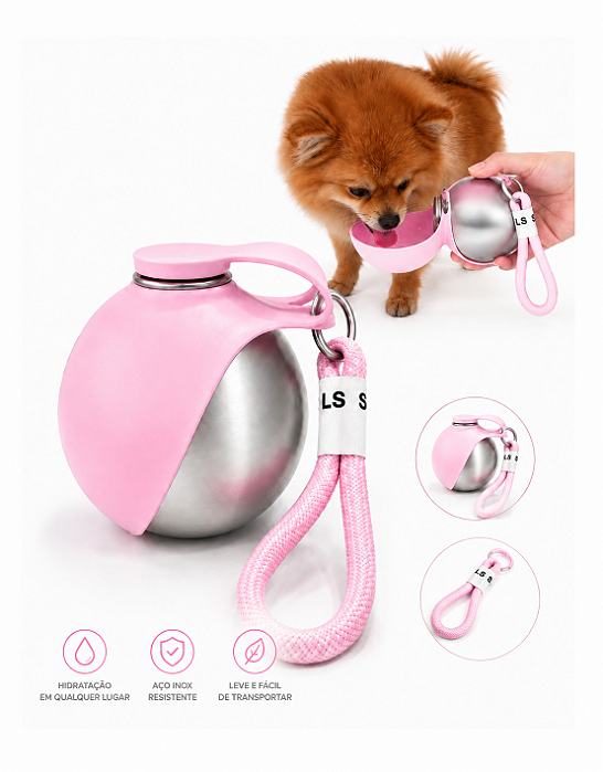 Garrafa Bebedouro Portátil Cachorro Pet  285ml Aço Inox Rosa