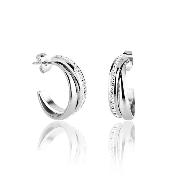 Brinco Aço Inox Meia Argola 2 Fios com Micro Zircônia Cristal - Elegante