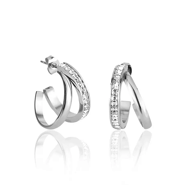 Brinco Aço Inox 2 Fios Liso com Zircônia Cristal - Elegância e Brilho