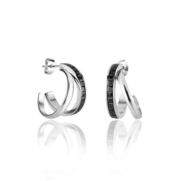 Brinco Aço Inox 2 Fios Liso com Zircônia Preta - Moderno e Elegante