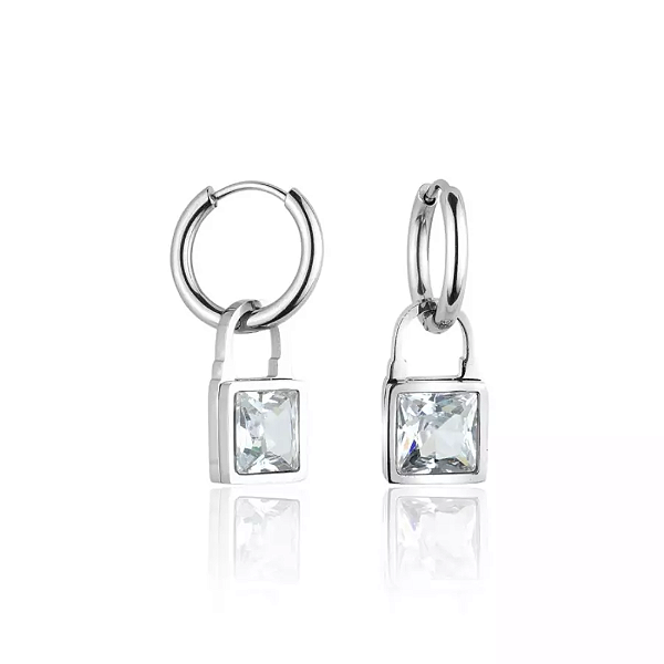 Brinco Aço Inox Argolinha com Pingente Cadeado e Zircônia Cristal