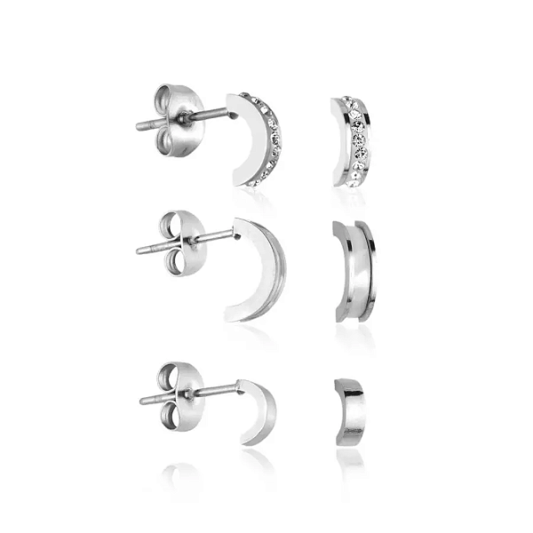 Brinco Aço Inox "Trio" Meia Lua - Zircônia Cristal, Madrepérola e Liso