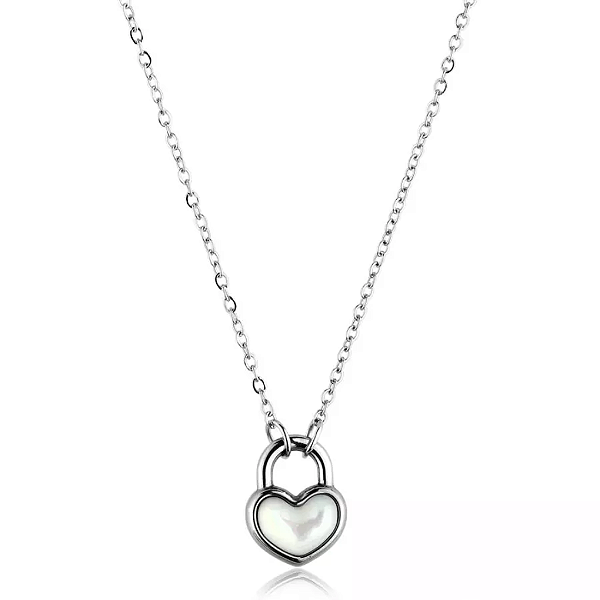 Conjunto Aço Inox com Pingente Coração e Resina Branca