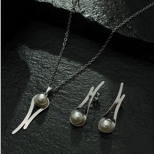 Conjunto Aço Inox Elegante com Pérola - Clássico e Sofisticado
