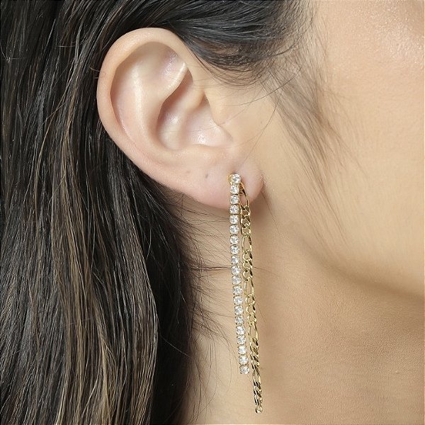 Brinco corrente com fio de zircônias banhado a ouro 18k