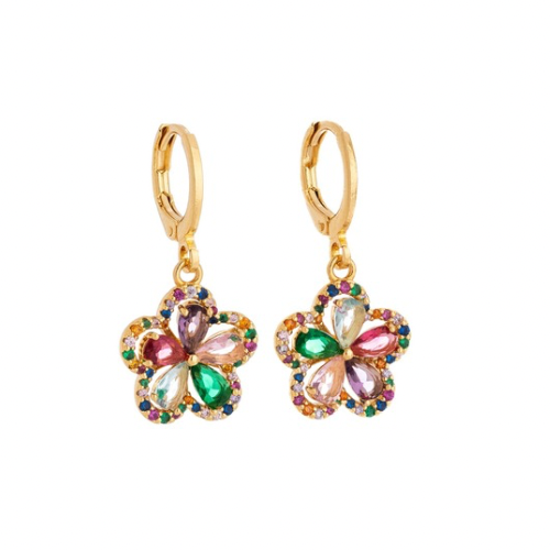 Brinco flor color cravejado com zircônias banhado a ouro 18k