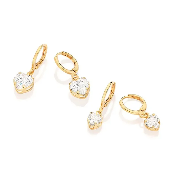 Kit brinco argola com coração zircônia banhado a ouro